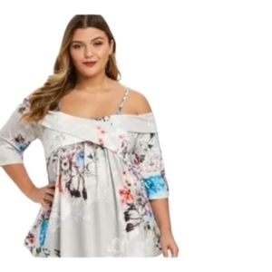 2 for $25 Grey Off Shoulders Floral Print Blouse, Plus Size L/XL NWT